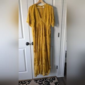 PinkBlush Mustard Lace Mesh Overlay Maternity Maxi Dress